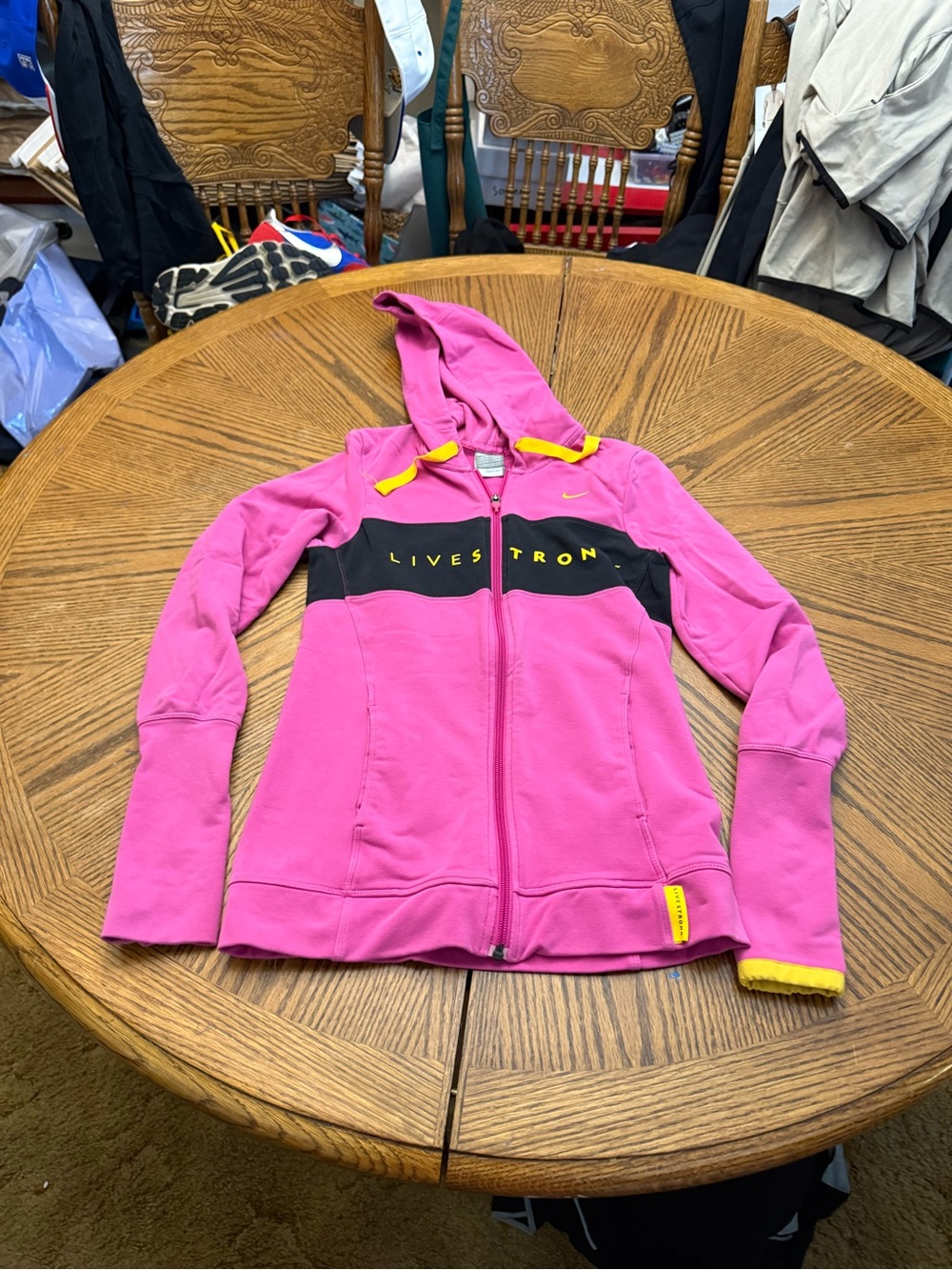 Nike Kids' Pink Hooded Zip Jacket with Black Panel and Yellow Accents